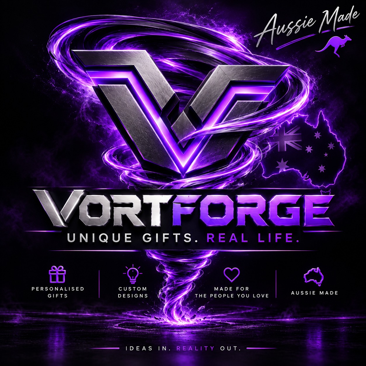 VortForge logo with purple vortex and Aussie Made branding
